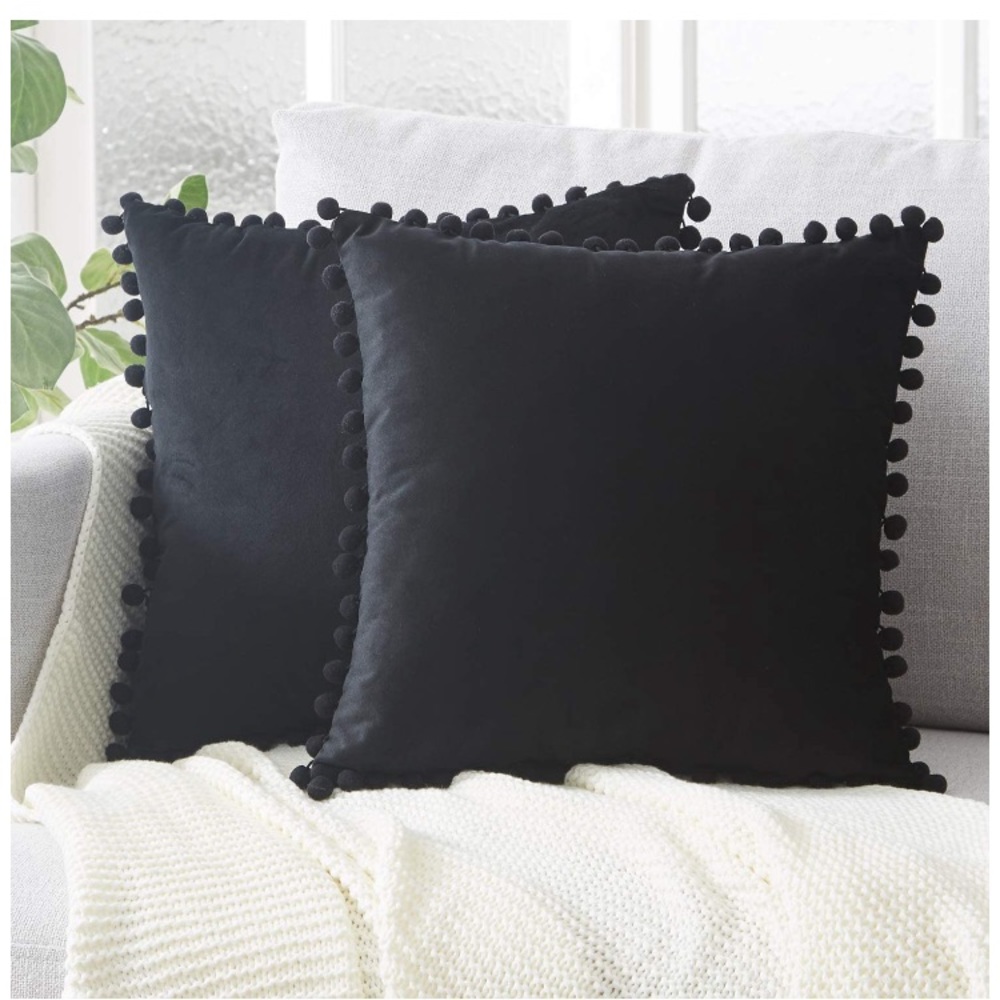Khaki/Light Tan Modern Trendy Velvet Pompom Decorative Throw Pillow Case TwinSet - Picture 13 of 16